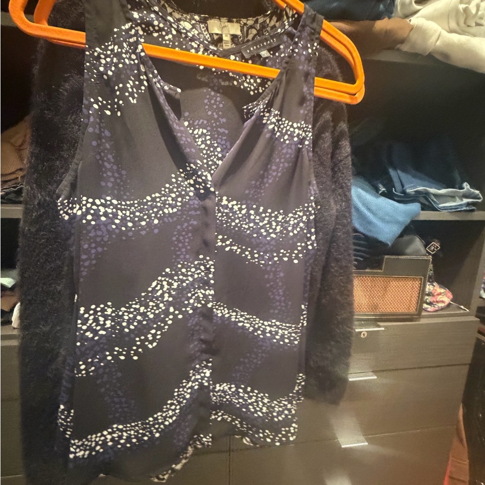 Black, Navy and White Patterned Sleeveless Blouse